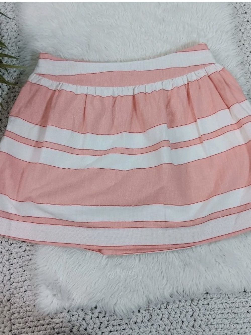 Jenny Han Kawaii Women's Pink and White Striped Pleated Linen Skirt W/ Pockets